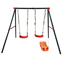 MASGAMES | Columpio metálico de Dos plazas BAMBÚ | 2 Asientos Planos de plástico y Cuerdas + Silla Extra de bebé con…